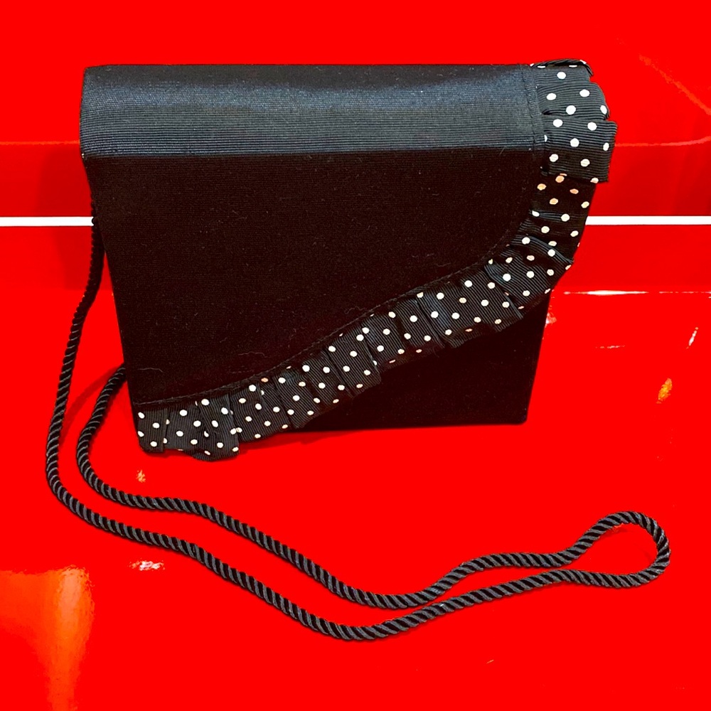 Liz Claiborne Black Evening Bag with flirty white dotted ribbon trim VTG EUC